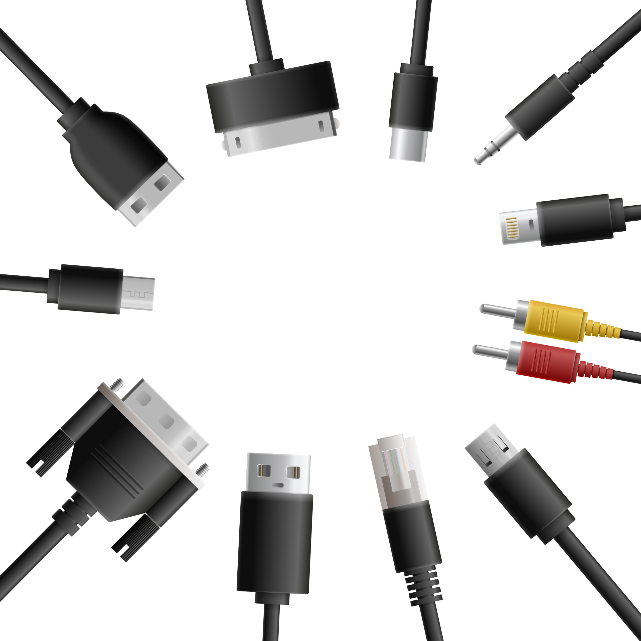 Realistic cable connectors background with round composition of computer audio video and data transfer wire plugs vector illustration